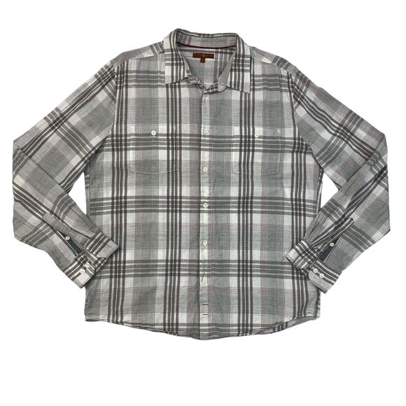 7 For All Mankind Shirt Mens XL Extra Large Gray Plaid Cotton Linen Blend Button - Picture 1 of 11